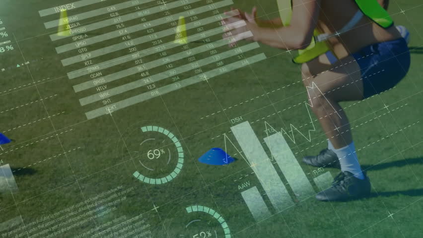 Running athlete on field with data analytics animation over performance metrics. sports, fitness, training, technology, motion, statistics - Powered by Shutterstock - Get 15% off with code: PIKWIZARD15