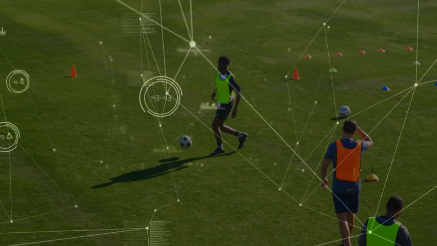 Soccer player on field with data processing animation over performance metrics. athlete, sports, data analysis, technology, statistics, augmented reality - Powered by Shutterstock - Get 15% off with code: PIKWIZARD15