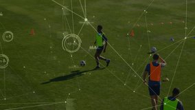Soccer player on field with data processing animation over performance metrics. athlete, sports, data analysis, technology, statistics, augmented reality - Powered by Shutterstock - Get 15% off with code: PIKWIZARD15