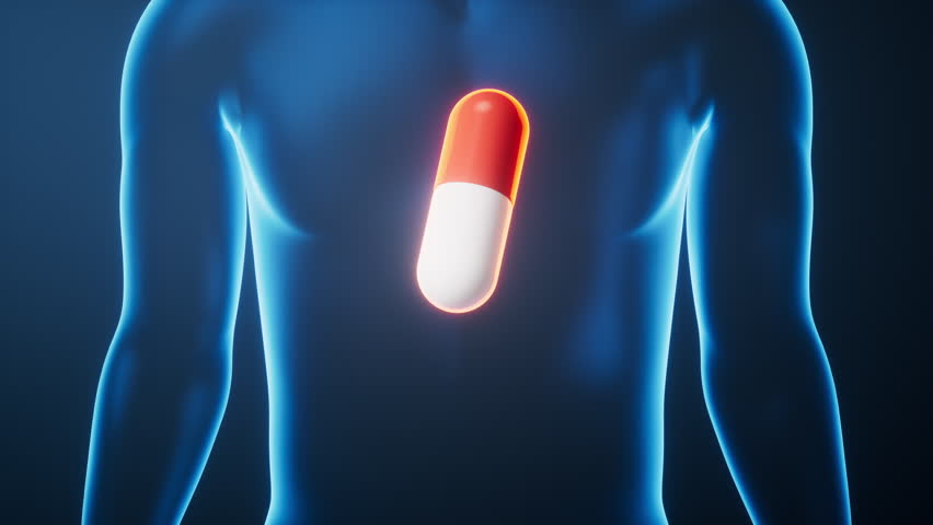 Medicine pill in the transparent human body, 3d rendering. 3D illustration.