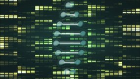 DNA strand and genetic code analysis animation over green and yellow data patterns. Biotechnology, genetics, helix, genome, sequence, bioinformatics - Powered by Shutterstock - Get 15% off with code: PIKWIZARD15