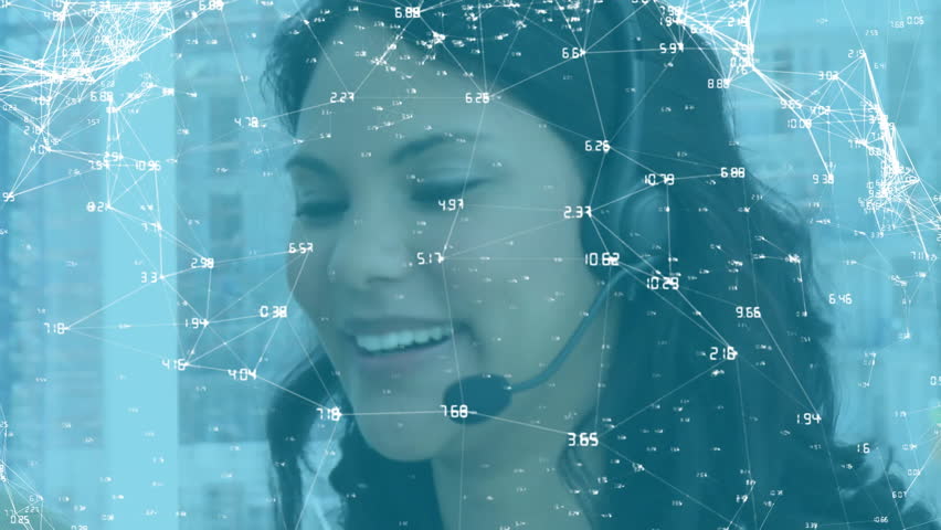 Smiling woman with headset, network connections and data processing animation over. Customer service, call center, support, technology, communication, telecommunication - Powered by Shutterstock - Get 15% off with code: PIKWIZARD15