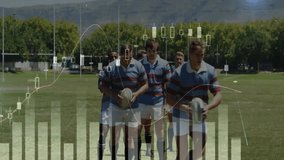 Financial data analysis animation over rugby players running on field. Sports, technology, statistics, overlay, athletics, performance - Powered by Shutterstock - Get 15% off with code: PIKWIZARD15
