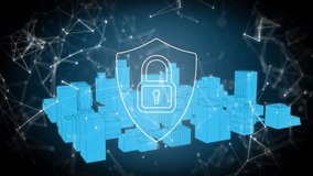 Lock and shield security animation over blue cityscape with network connections. Cybersecurity, protection, technology, digital, safety, internet - Powered by Shutterstock - Get 15% off with code: PIKWIZARD15