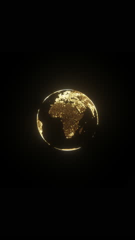 3D animation of rotating golden Earth globe with flickering light on black background, 4K vertical animated template and intro