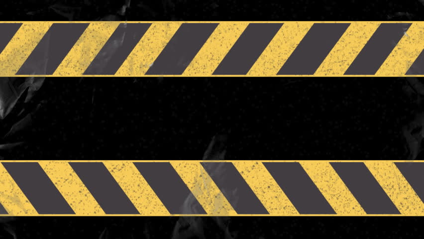 Yellow and black caution tape animation over dark background. Warning, alert, hazard, danger, safety, security