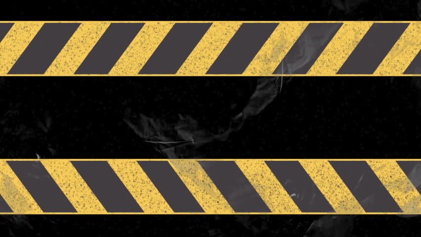 Yellow and black caution tape animation over dark background. Warning, alert, hazard, danger, safety, security
