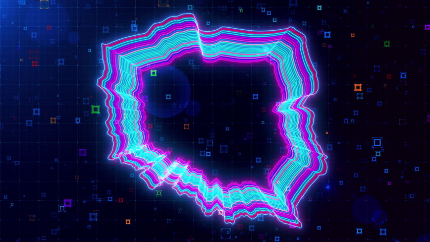 Motion view of Poland map outlined with neon lines, dynamically glowing on a futuristic grid background with colorful, abstract HUD squares creating a digital 3D effect.