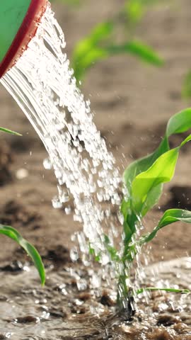 Watering sprouts crops from watering can. Close up water washes over leaves of green corn crops soaks into ground nourishing plants ensuring healthy rapid growth. Taking care of sowing in farm field.