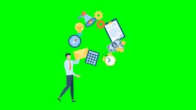 Businessman juggler planning time work. Management. Business and finances. Man juggling with office equipment. Office worker juggles mail, documents, time, and money. 2d flat animation. Alpha channel - Powered by Shutterstock - Get 15% off with code: PIKWIZARD15