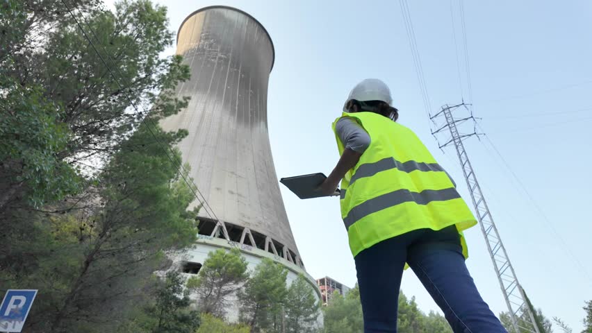 Woman engine inspecting thermal and nuclear power plant with mobile devices and tablets. 