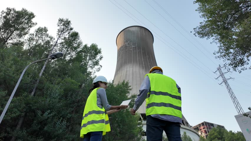 Two engineers inspecting thermal and nuclear power plant with mobile devices and tablets	