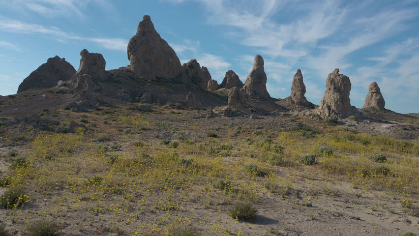 Cinematic aerial shot of wildflower super bloom covering Trona Pinnacles at sunrise in Mojave Desert in California, USA