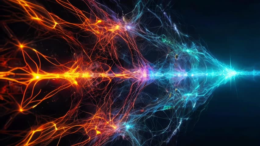 Lightning particle background Sparkling red neon light streaks explode in an electric energy style, perfect for futuristic or abstract design projects that need an energetic feel. 4K