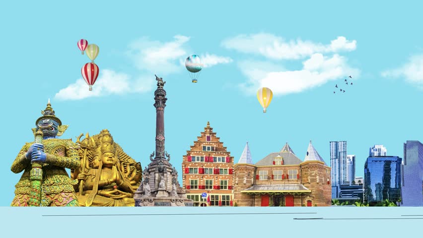World landmarks and famous monuments collage isolated on panoramic blue background - 2D animation