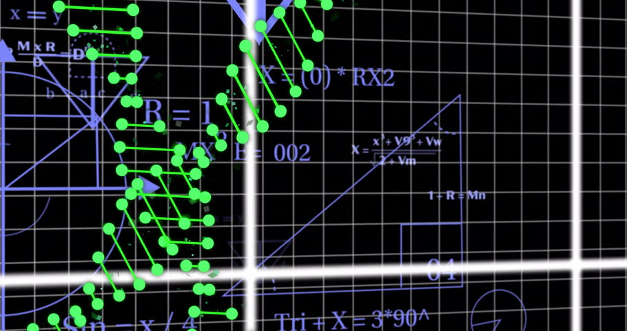 Mathematical formulas and graphs with green data points over black grid background. Mathematics, analysis, calculation, statistics, equations, visualization