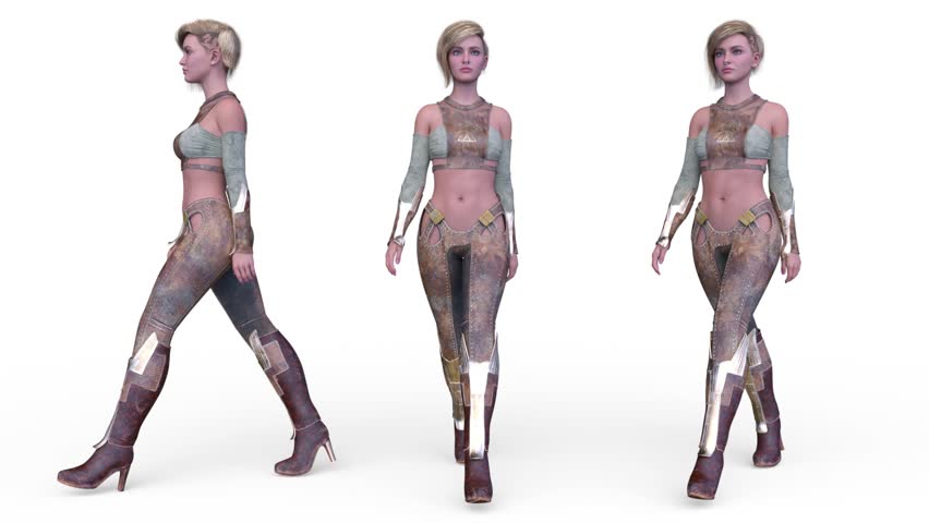 3D rendering of a walking cyber woman