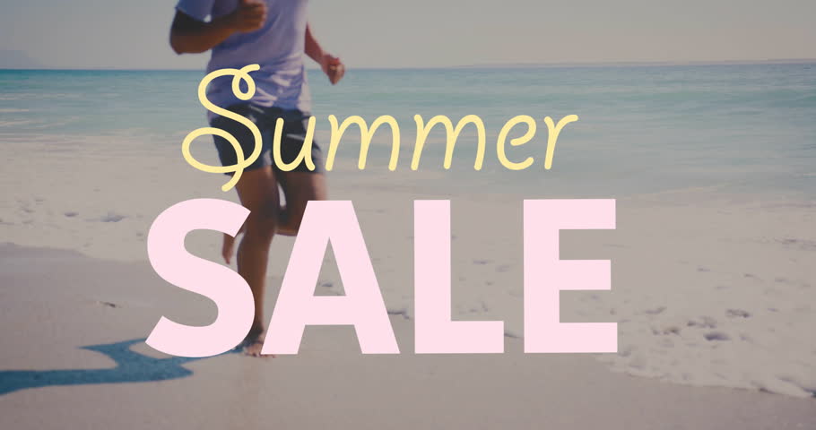 Running on beach, person enjoying summer with Summer SALE text over animation. Vacation, ocean, fitness, healthy, active, leisure