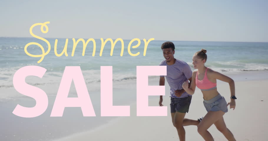 Running on beach, couple enjoying summer over Summer SALE text. vacation, happiness, healthy lifestyle, fitness, promotion, outdoor