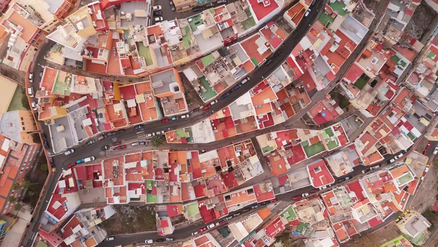 Aerial view of colorful rooftops and urban landscape in Barrio de San Jose, Las Palmas de Gran Canaria, Spain.