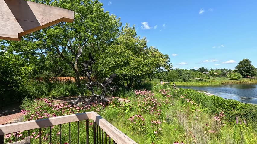 panning footage of a rippling lake with lush green trees, plants and grass, blue sky, clouds and people at Chicago Botanic Garden in Glencoe Illinois USA