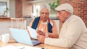 Home, budget and old couple with laptop, paperwork and financial planning for retirement policy. Senior man, woman and discussion in kitchen for mortgage payment, pension fund or health insurance - Powered by Shutterstock - Get 15% off with code: PIKWIZARD15