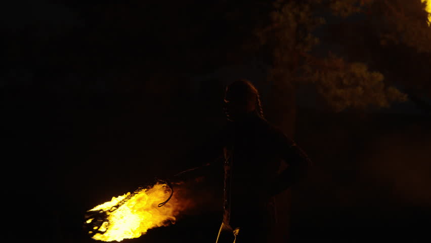 Mysterious Man Performing Tricks With Fire In Darkness, Slow Motion, Masculinity And Power