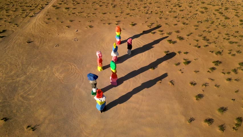 Aerial view of colorful seven magic mountains art installation in the desert landscape, Las Vegas, United States.