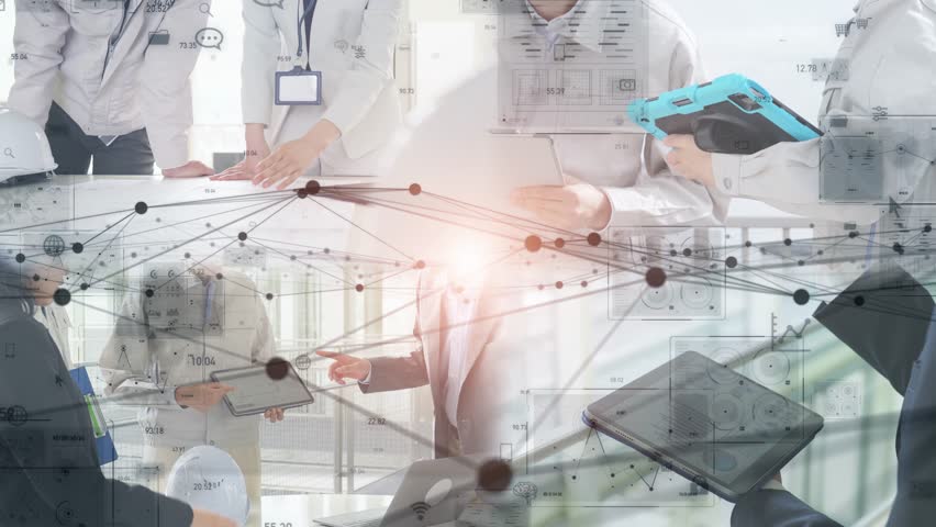 Various industrial scene and communication network concept. Factory automation. Internet of Things. Transition material from a white background