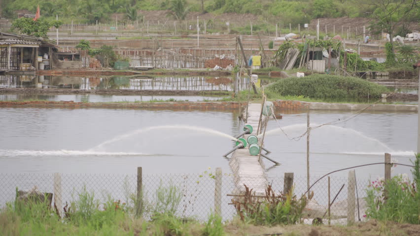 Fisheries. Natural sea salt ponds, lake or sea. Farm field outdoor in traditional industry in Thailand. Asia culture. Agriculture irrigation. River reflection.