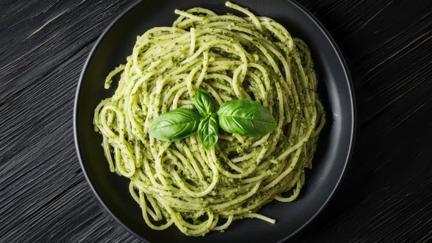 Delicious Plate of Pasta al Pesto with Fresh Basil Garnish