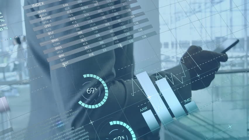 Animation of financial data processing over caucasian businessman using smartphone. Global business, finances, communication and digital interface concept digitally generated video.
