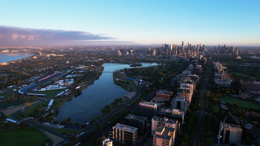 Aerial view over the Albert Park Lake, serene morning in Melbourne, Australia