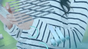 Animation of financial data processing over caucasian businesswoman using smartphone. Global business, finances, communication and digital interface concept digitally generated video. - Powered by Shutterstock - Get 15% off with code: PIKWIZARD15