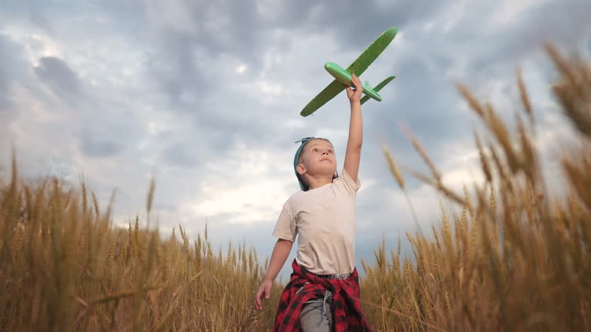 A kid runs toy airplane through a field of wheat. Happy family kid dream concept. A boy and a child are eating wheat on a plane toy airplane. A boy runs across a field of lifestyle wheat with a plane.