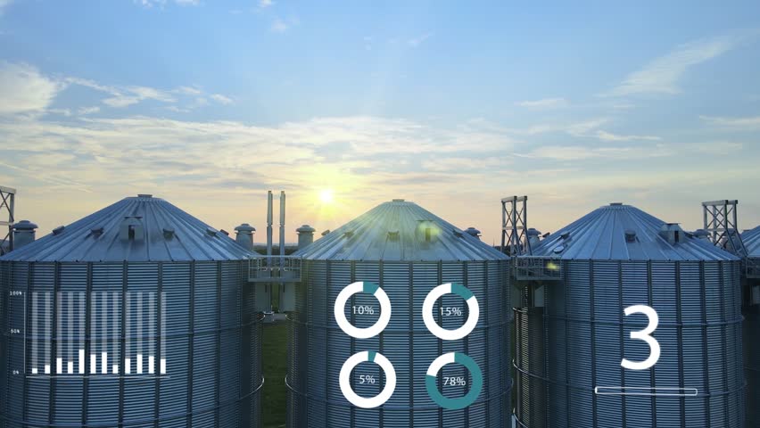 Aerial inspection of Agricultural silos for grain storage at sunset, animation infographics showing global market statistics of food prices and production efficiency in modern smart precise farming