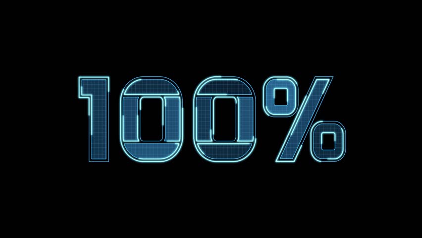 "100%" motion animation title, neon blue lights, futuristic tech text on black background. Continuous seamless loop from 1 to 7 second mark. Ideal for tech and cyberpunk-themed projects.