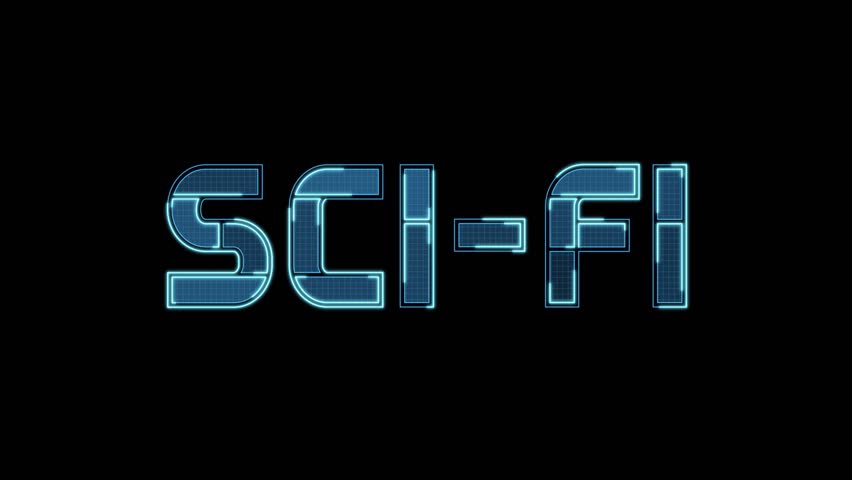 "Sci-fi" title animation, neon blue lights motion, futuristic tech text on black background. Continuous seamless loop from 1 to 7 second mark. Ideal for tech and cyberpunk-themed projects.