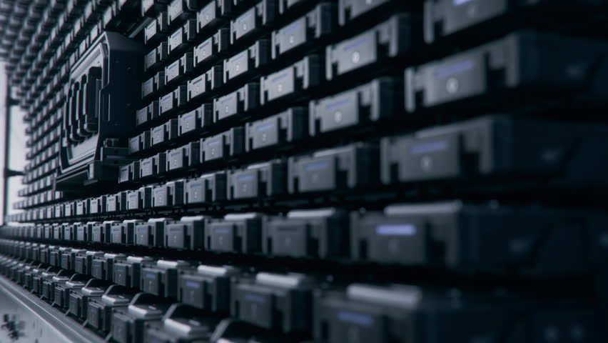 Rows of Blinking Black Drives Containing Training Data and Datasets for Supercomputers that Powering Massive AI Models. Advanced Storage Solution in Data Center. Cloud Computing and Processing Concept