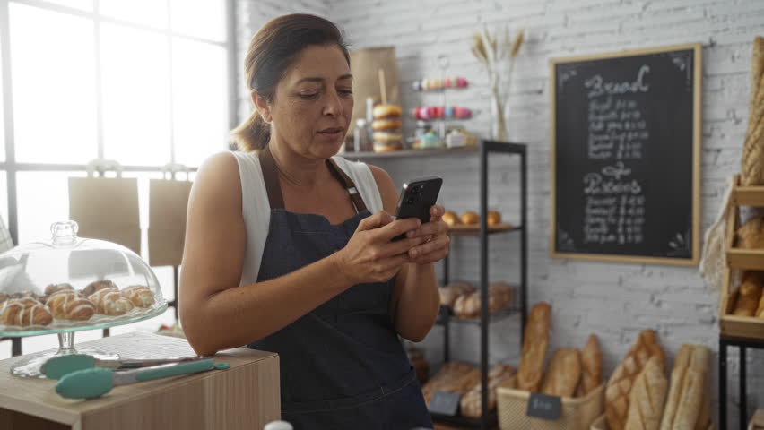Middle-aged woman in apron smiling and using smartphone in a bakery filled with fresh bread and pastries