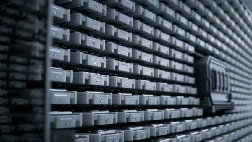 Advanced Storage Solution in Data Center. Rows of Blinking Drives Containing Training Data and Datasets for Supercomputers that Powering Massive AI Models. Cloud Computing and Processing Concept