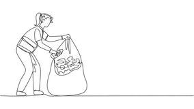 Animated self drawing of single continuous line drawing trash woman puts some rubbish into plastic trash. Manual cleaning without tools. Reuse. Recycle. Junk. No pollution. Full length animation - Powered by Shutterstock - Get 15% off with code: PIKWIZARD15