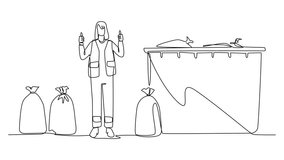 Self drawing animation of continuous one line drawing trash woman stands with a thumbs up gesture between trash bags. Code for completing job. Keep the environment clean. Full length animated - Powered by Shutterstock - Get 15% off with code: PIKWIZARD15