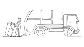 Animated self drawing continuous one line drawing trash woman pulling wheeled trash can towards garbage truck. Using a hat to reduce heat tries to reduce environmental pollution. Full length animation - Powered by Shutterstock - Get 15% off with code: PIKWIZARD15