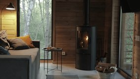 A Cozy and Modern Living Room Featuring a Beautiful Fireplace and a Scenic Nature View - Powered by Shutterstock - Get 15% off with code: PIKWIZARD15