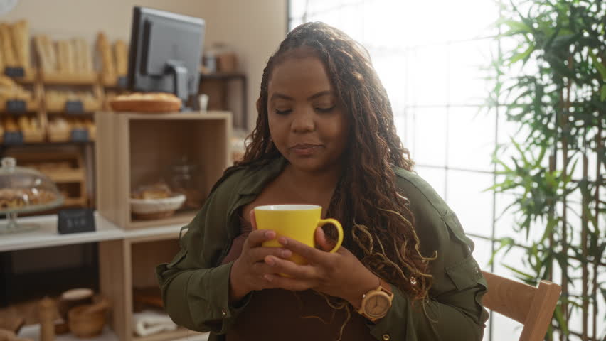 Woman enjoying coffee in a cozy bakery shop interior, smiling contently with a yellow mug in hand, surrounded by fresh bread and warm sunlight.