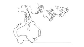 Animated self drawing of continuous one line drawing of businessman riding piggy bank catching flying banknotes. Hit by financial crisis. Financial problem. Extra work. Full length animation - Powered by Shutterstock - Get 15% off with code: PIKWIZARD15