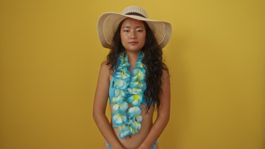 Young chinese woman in summer hat and hawaiian lei practicing yoga meditation gesture with eyes closed to relax over yellow background