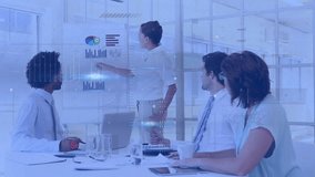 Animation of data processing and diagrams over diverse business people discussing work in office. Technology, business and digital interface concept digitally generated video. - Powered by Shutterstock - Get 15% off with code: PIKWIZARD15