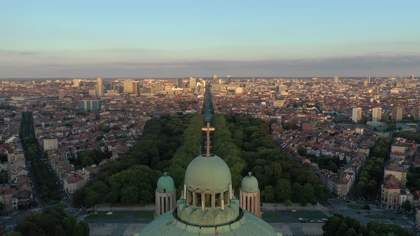 Aerial drone flying over Basilica of the Sacred Heart church in Brussels, Belgium.